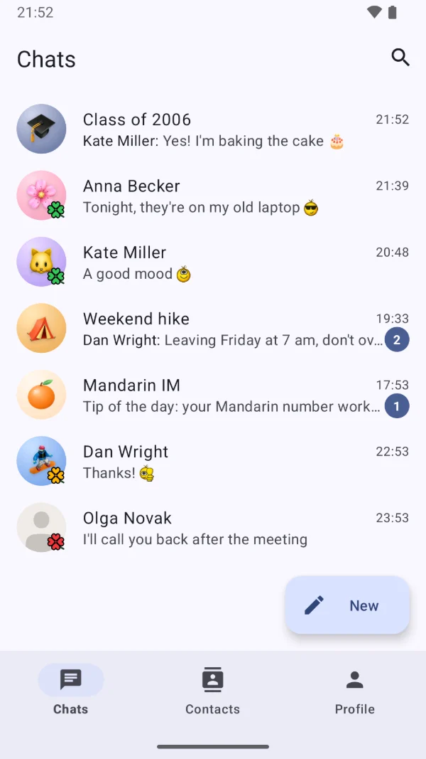 Mandarin for Android: the same chats, a channel and kolobok smileys in the previews