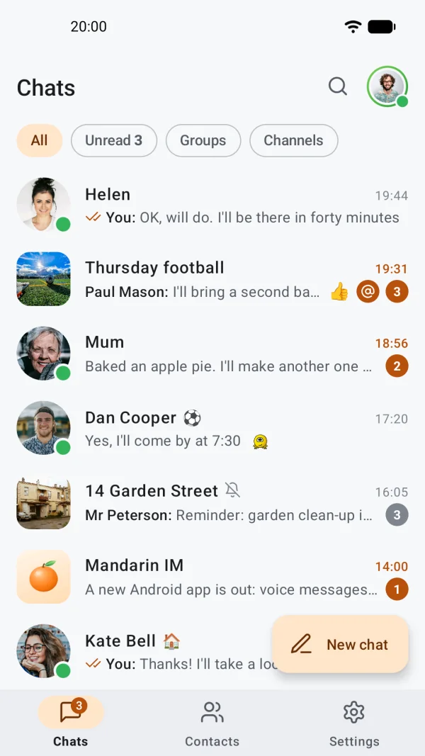Mandarin for Android: the same chats, a channel and kolobok smileys in the previews