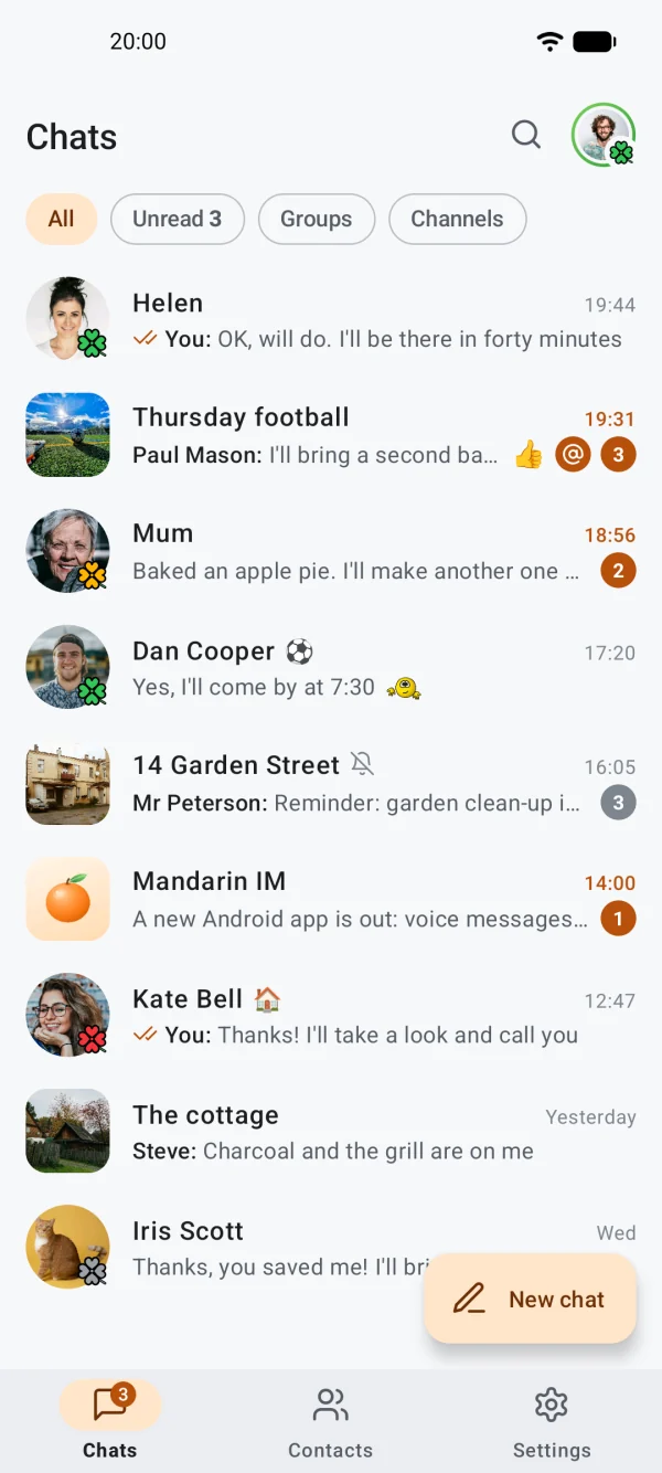 Mandarin for Android: the same chats, a channel and kolobok smileys in the previews
