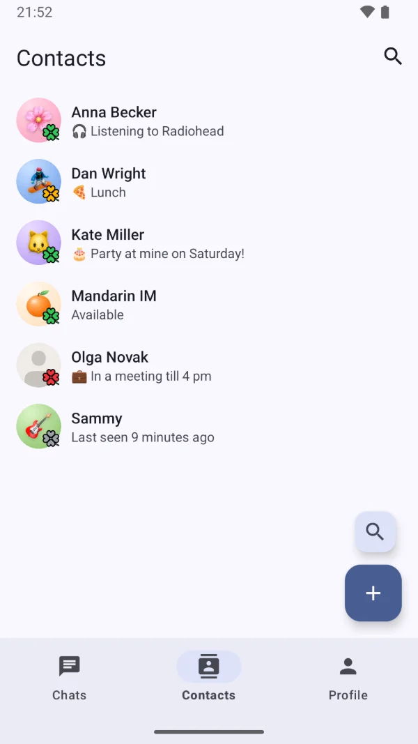 Contacts in Mandarin for Android: each with a status clover and a status of their own with an emoji, such as Listening to Radiohead