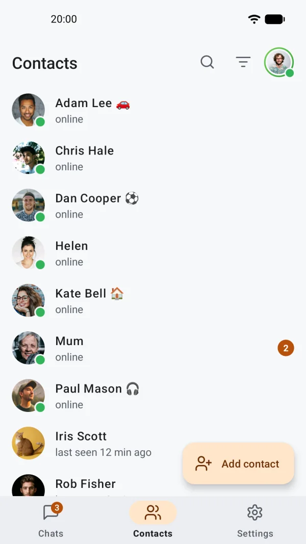 Contacts in Mandarin for Android: who is online, some with a status of their own such as a car or headphones, and when the others were last seen