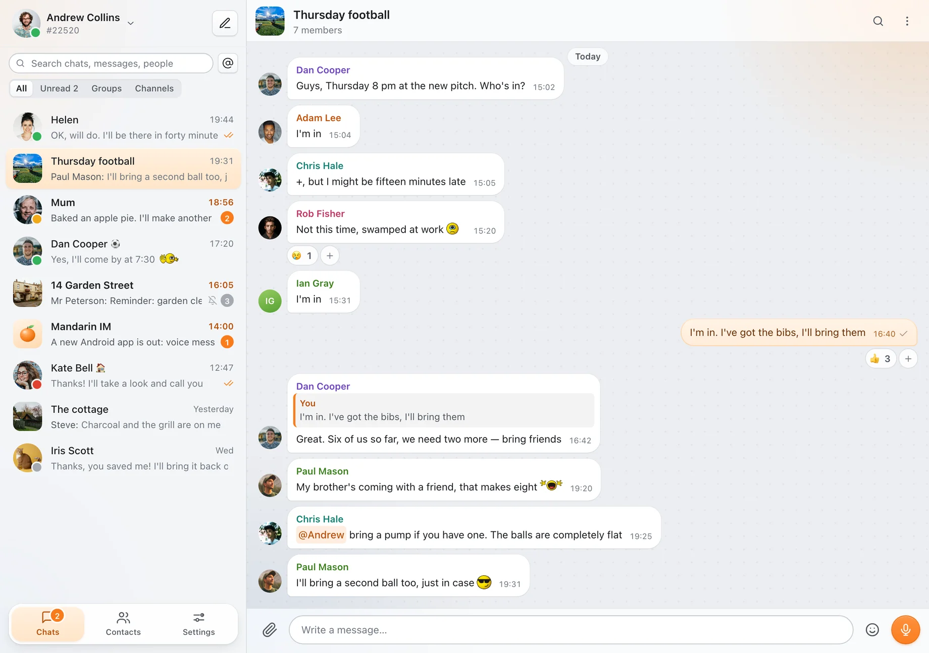 Mandarin Web: the group Thursday football with a reply, a mention, reactions and kolobok smileys, the chat list on the left
