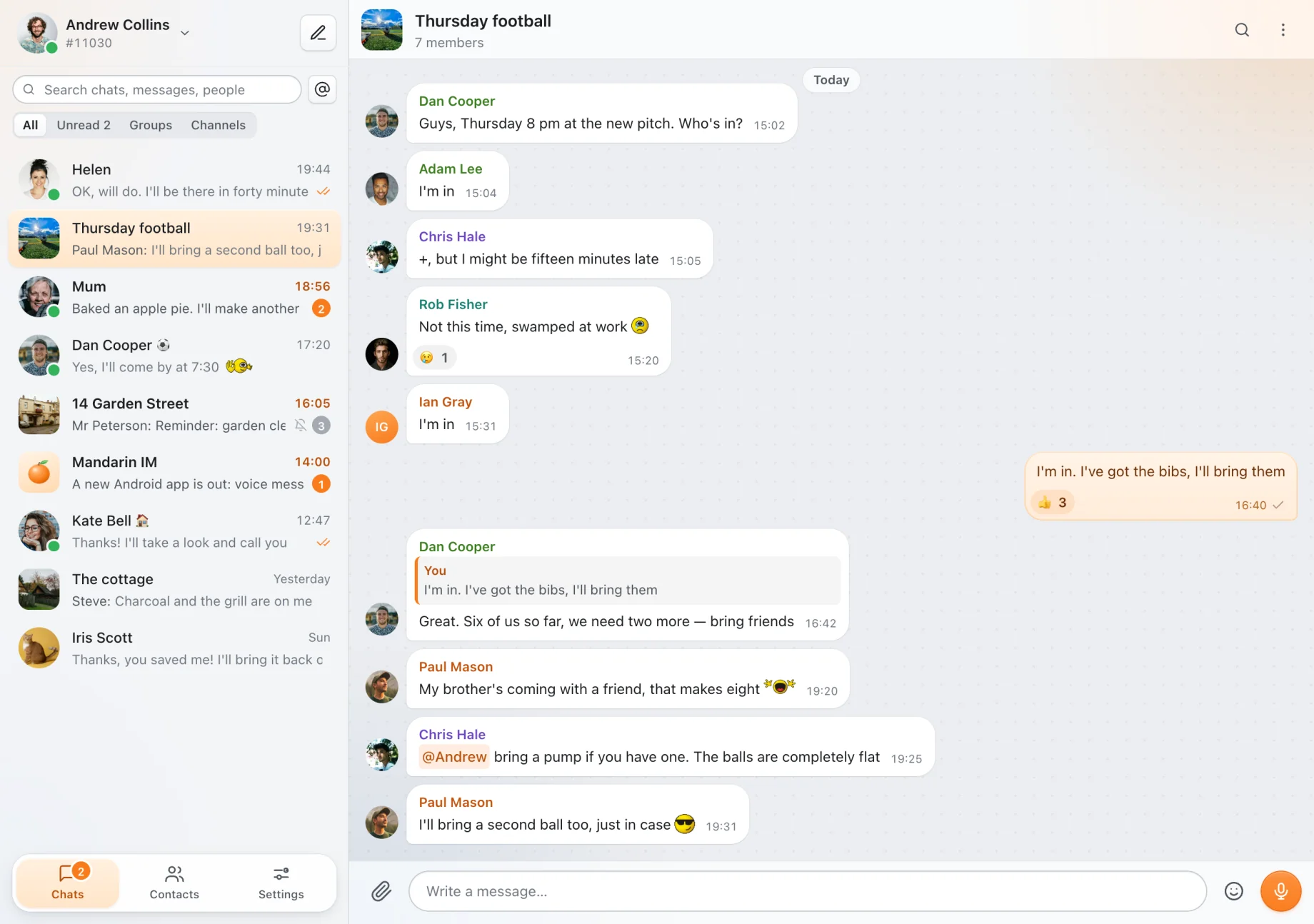 Mandarin Web: the group Thursday football with a reply, a mention, reactions and kolobok smileys, the chat list on the left