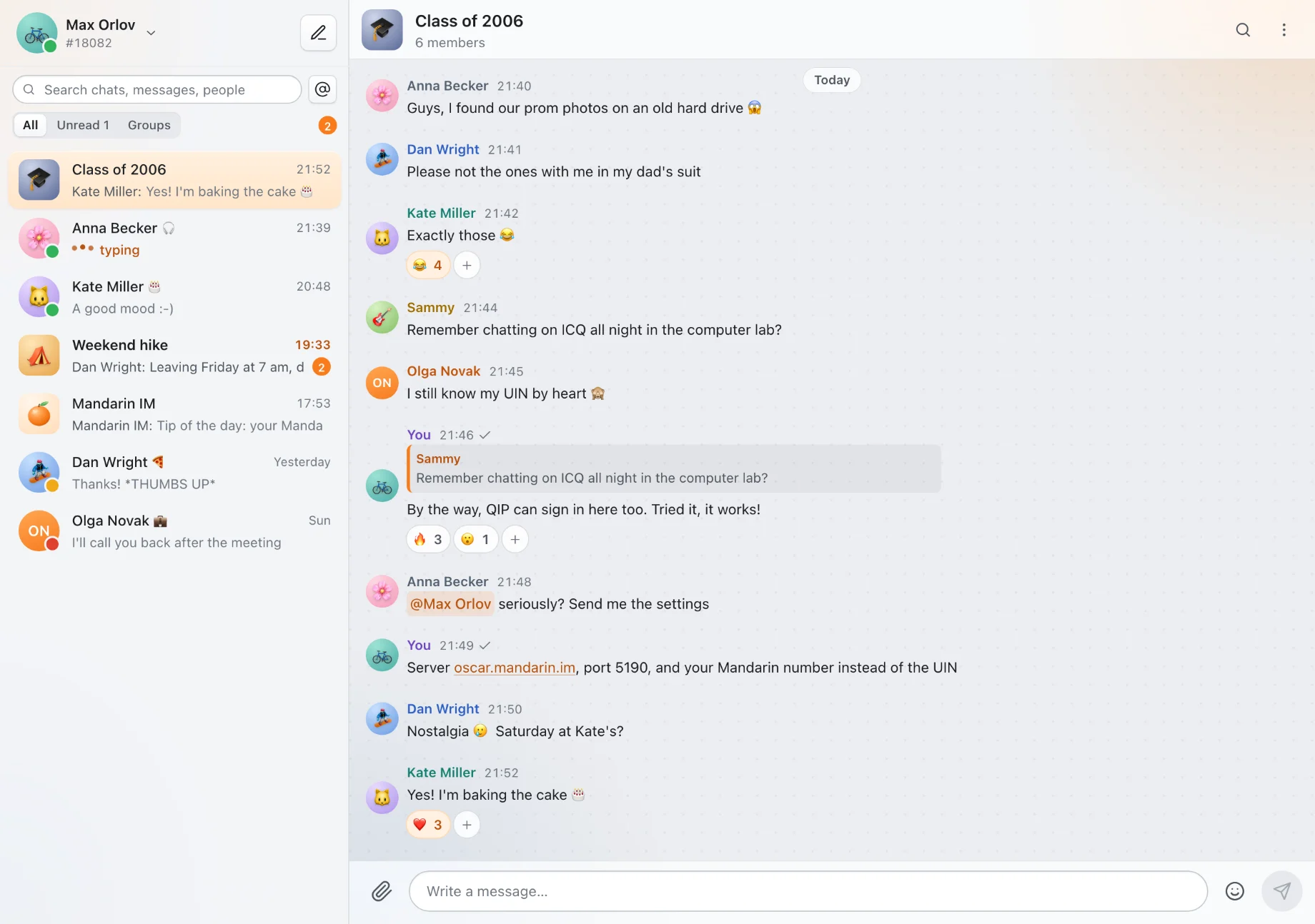 Mandarin Web: the group Class of 2006 with a reply, a mention and reactions, the chat list on the left